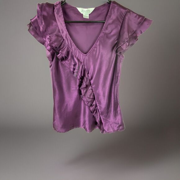 Allison Taylor Womens Satin Look Dressy Purple Flutter Short Sleeve Top Size M - Picture 1 of 5